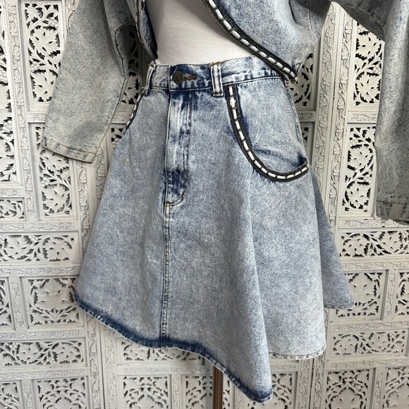 Vtg Acid Wash Denim Cropped Jacket & Trumpet Skirt Set Sz Small - Picture 4 of 10